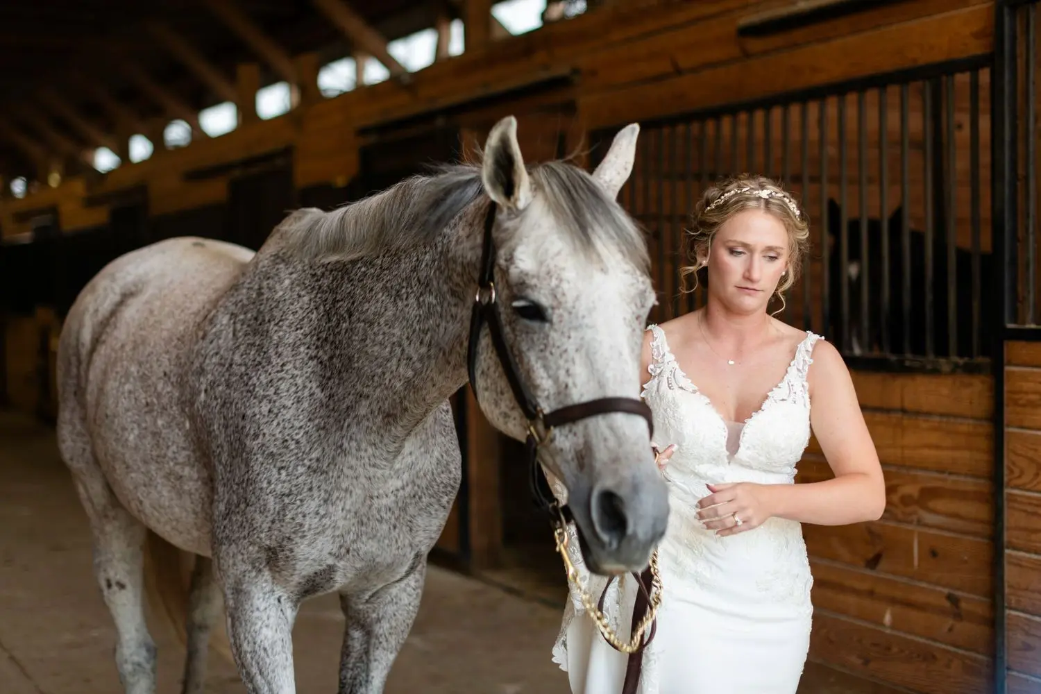 Bride in a lace wedding gown standing beside a dapple grey horse inside a warm wooden stable.
