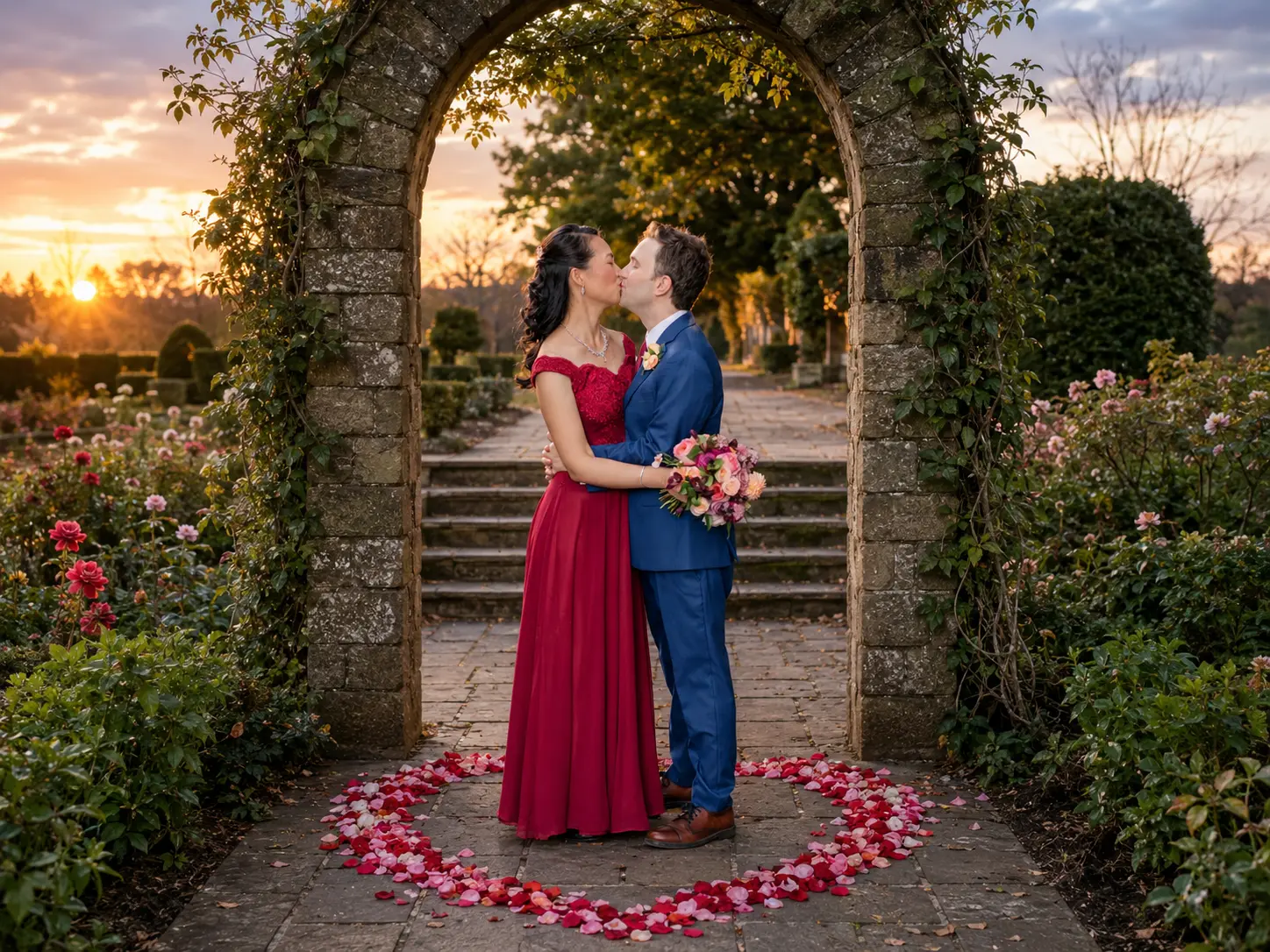 Newlyweds sharing a joyful embrace in a lush secret garden after their wedding.